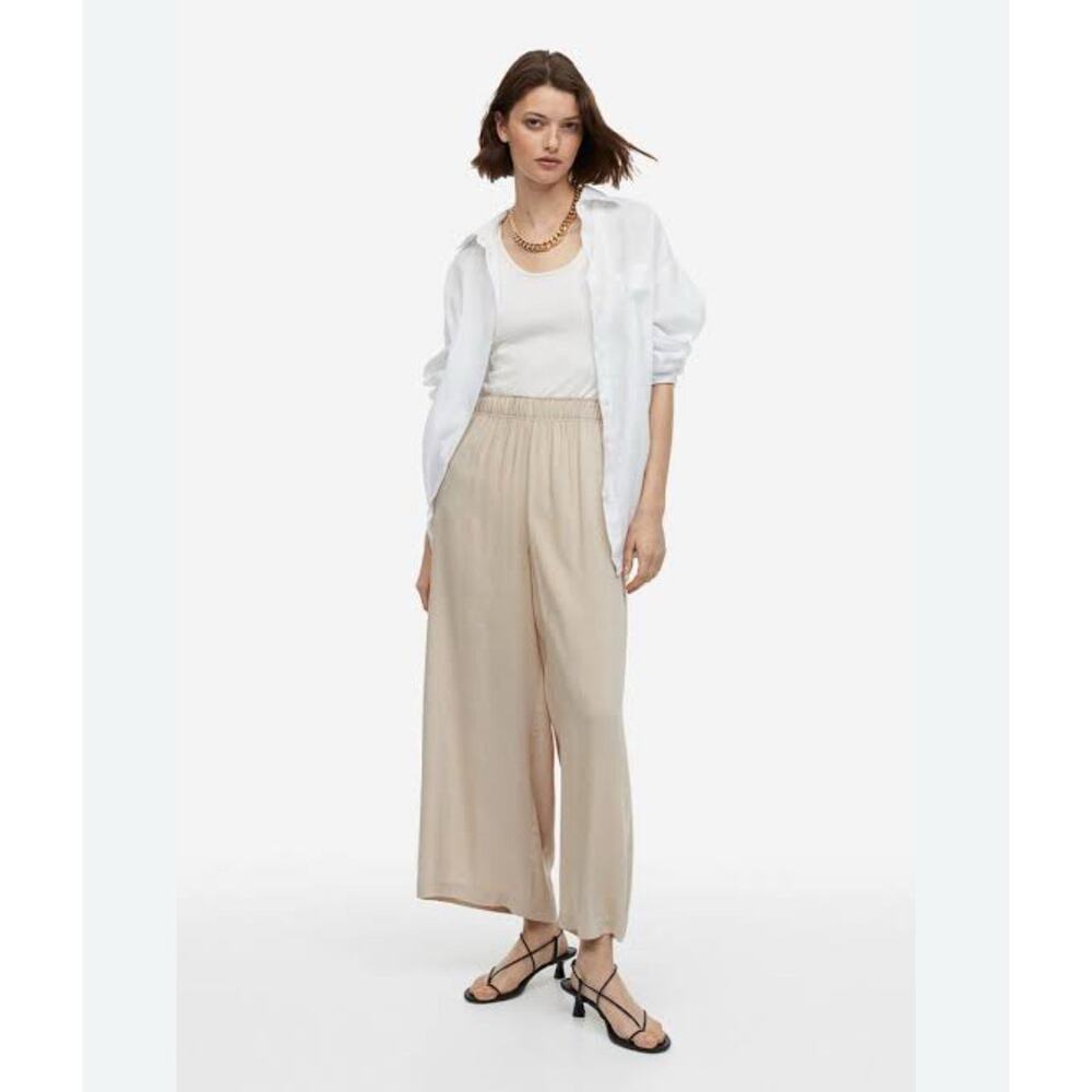 Wide-Leg Elastic-Waist Pants in Beige